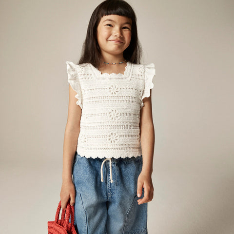 Girls' crochet ruffle-sleeve T-shirt in jersey