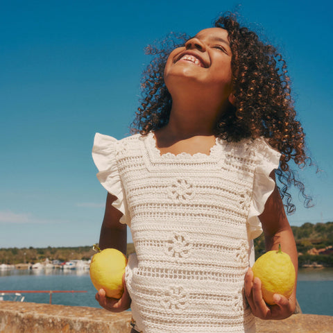 Girls' crochet ruffle-sleeve T-shirt in jersey