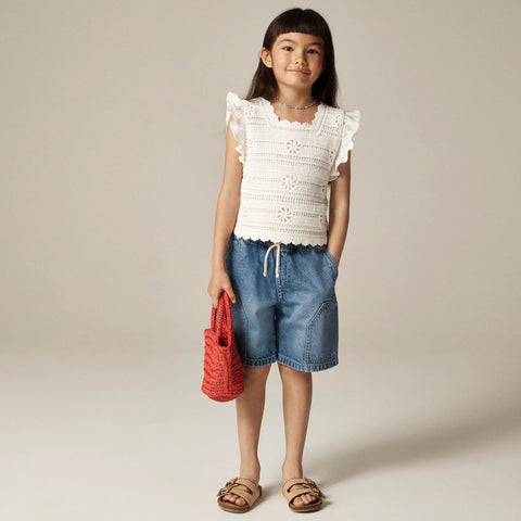 Girls' crochet ruffle-sleeve T-shirt in jersey