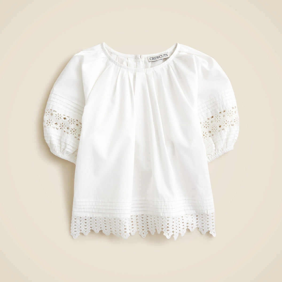 Girls' crochet-trim puff-sleeve top in cotton poplin