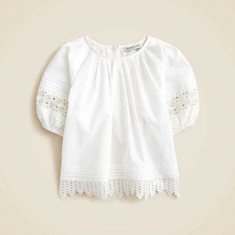 Girls' crochet-trim puff-sleeve top in cotton poplin