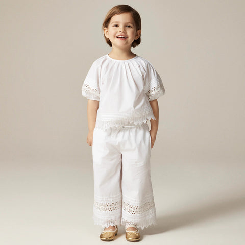 Girls' crochet-trim puff-sleeve top in cotton poplin