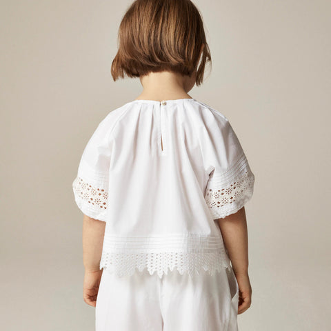 Girls' crochet-trim puff-sleeve top in cotton poplin