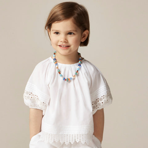 Girls' crochet-trim puff-sleeve top in cotton poplin