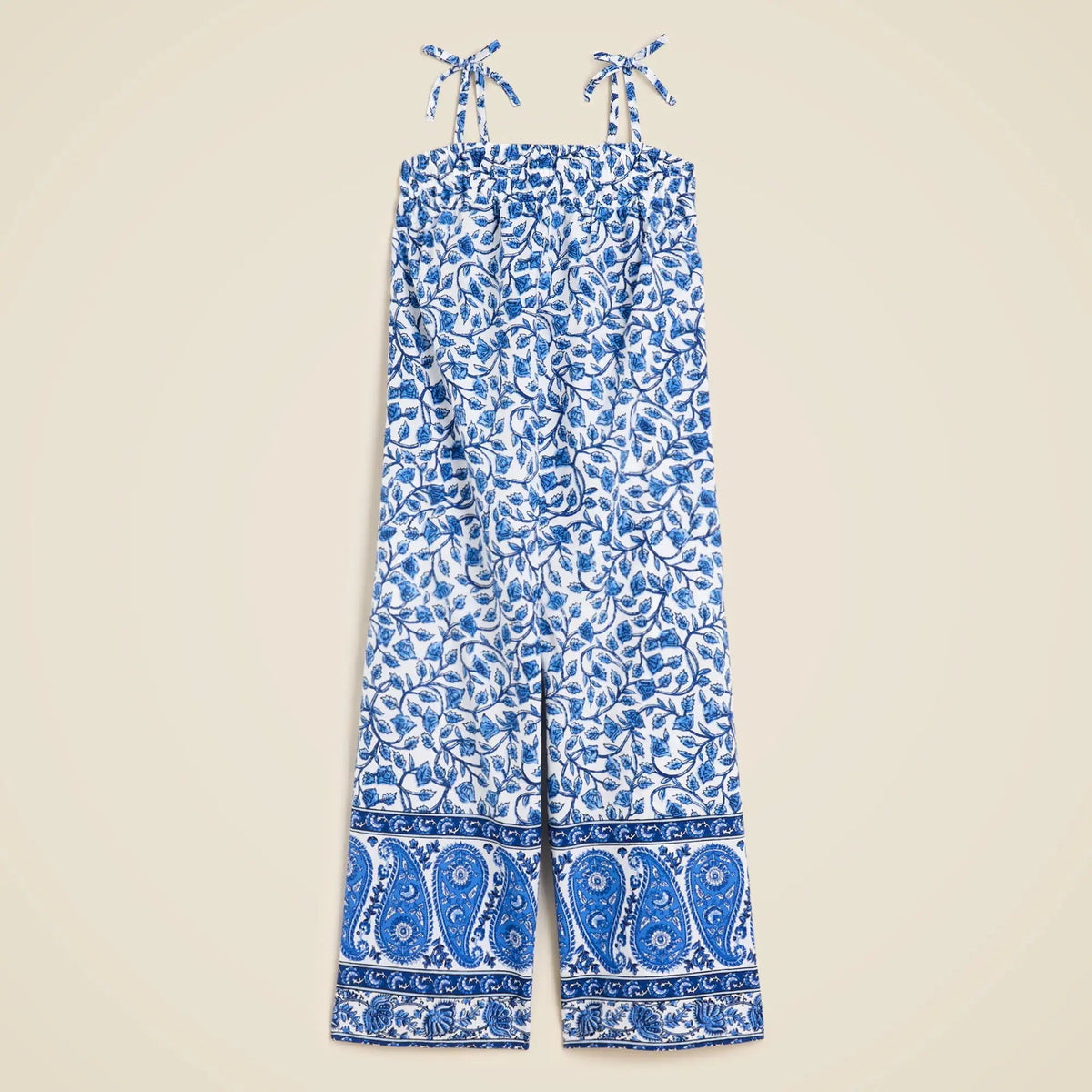 Girls' tie-shoulder jumpsuit in bandana block print