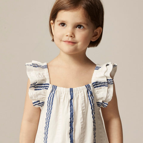 Girls' flutter-sleeve romper in striped cotton-blend dobby