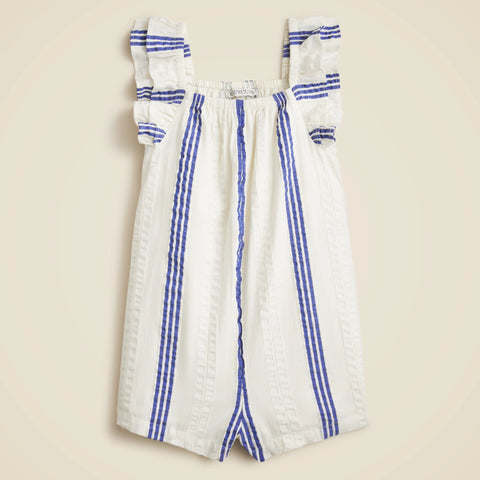 Girls' flutter-sleeve romper in striped cotton-blend dobby