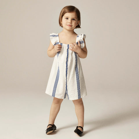 Girls' flutter-sleeve romper in striped cotton-blend dobby