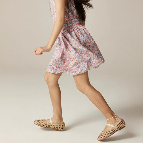 Girls' smocked-waist dress in linen viscose floral