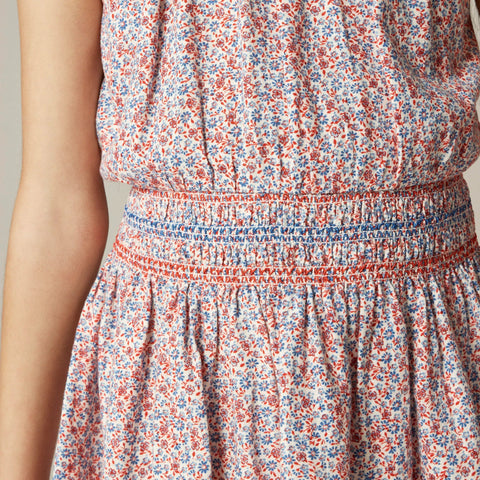 Girls' smocked-waist dress in linen viscose floral