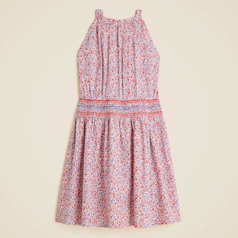Girls' smocked-waist dress in linen viscose floral