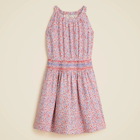 Girls' smocked-waist dress in linen viscose floral