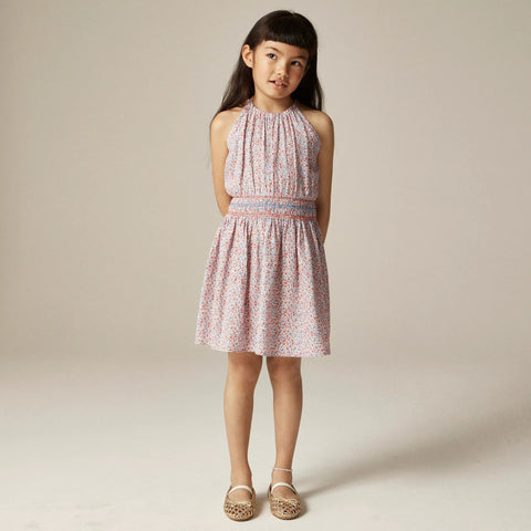 Girls' smocked-waist dress in linen viscose floral