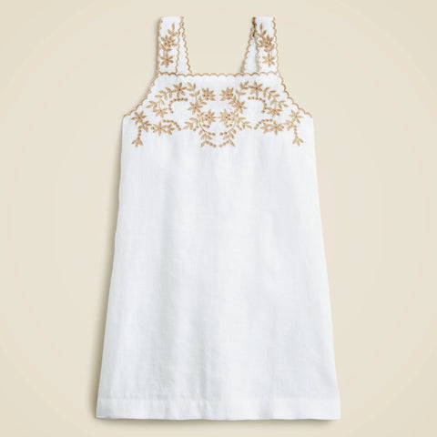 Girls' embroidered shift dress in linen-cotton blend