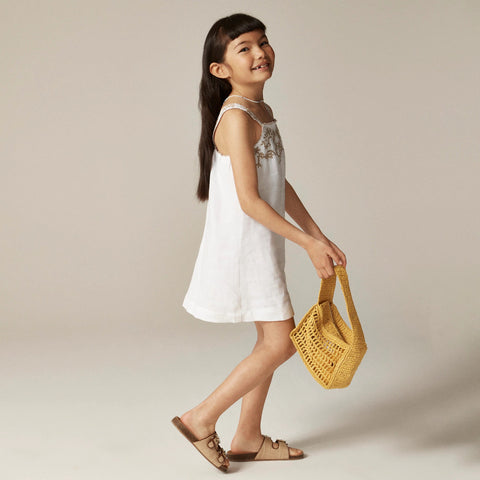 Girls' embroidered shift dress in linen-cotton blend