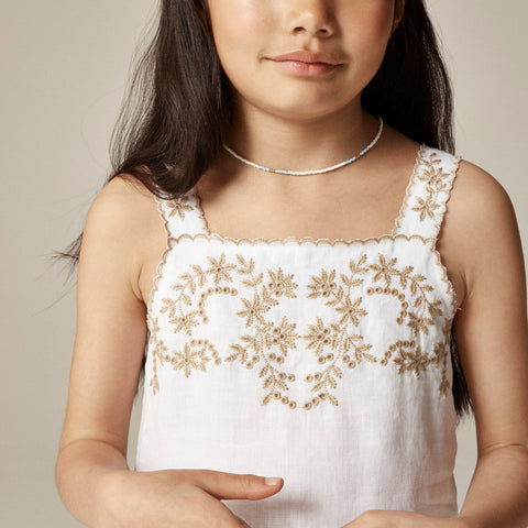 Girls' embroidered shift dress in linen-cotton blend