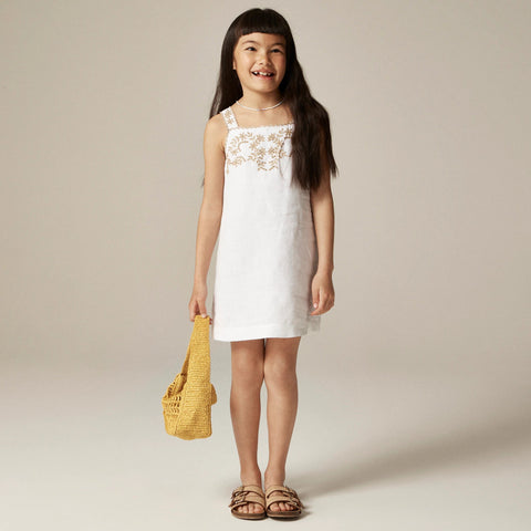 Girls' embroidered shift dress in linen-cotton blend