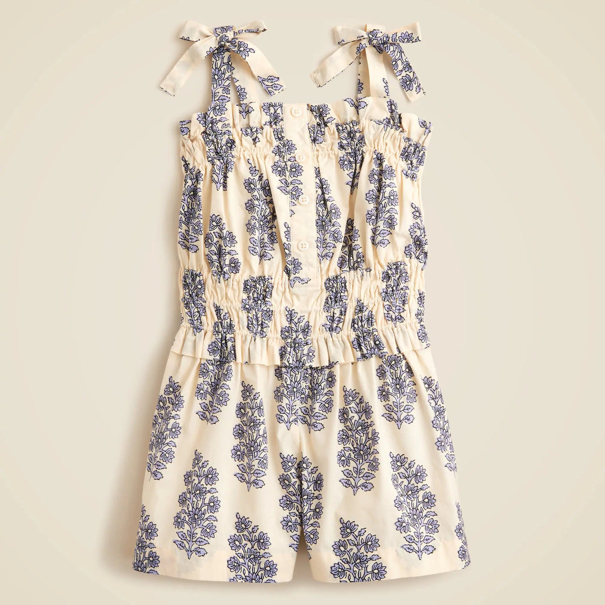 Girls' smocked romper in blooming lilac block print