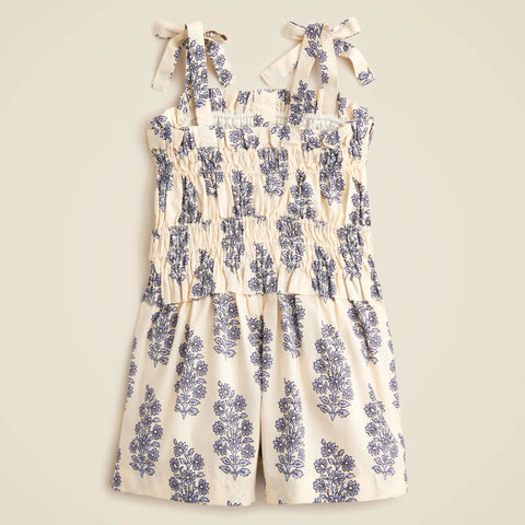 Girls' smocked romper in blooming lilac block print