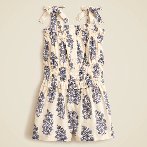 Girls' smocked romper in blooming lilac block print