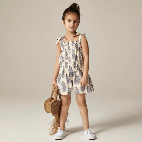 Girls' smocked romper in blooming lilac block print