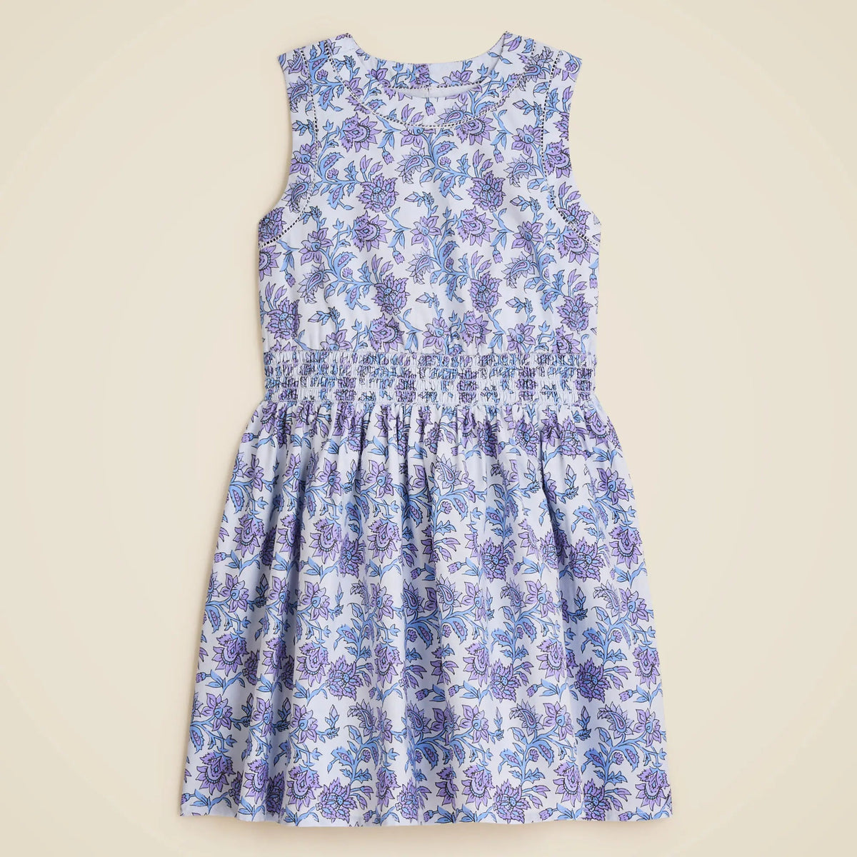 Girls' smocked-waist dress in lavender vines block print