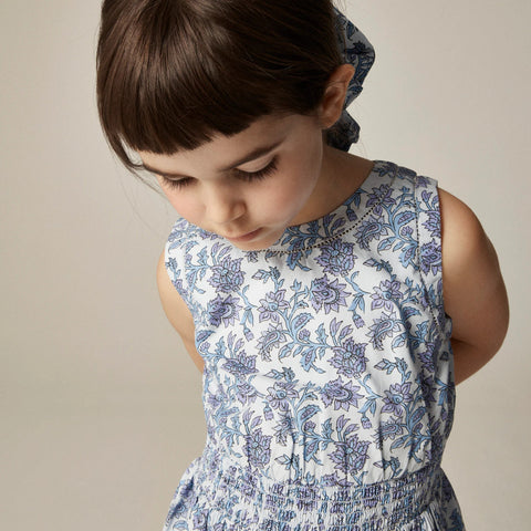 Girls' smocked-waist dress in lavender vines block print
