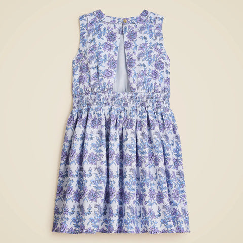 Girls' smocked-waist dress in lavender vines block print