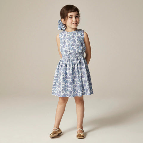 Girls' smocked-waist dress in lavender vines block print