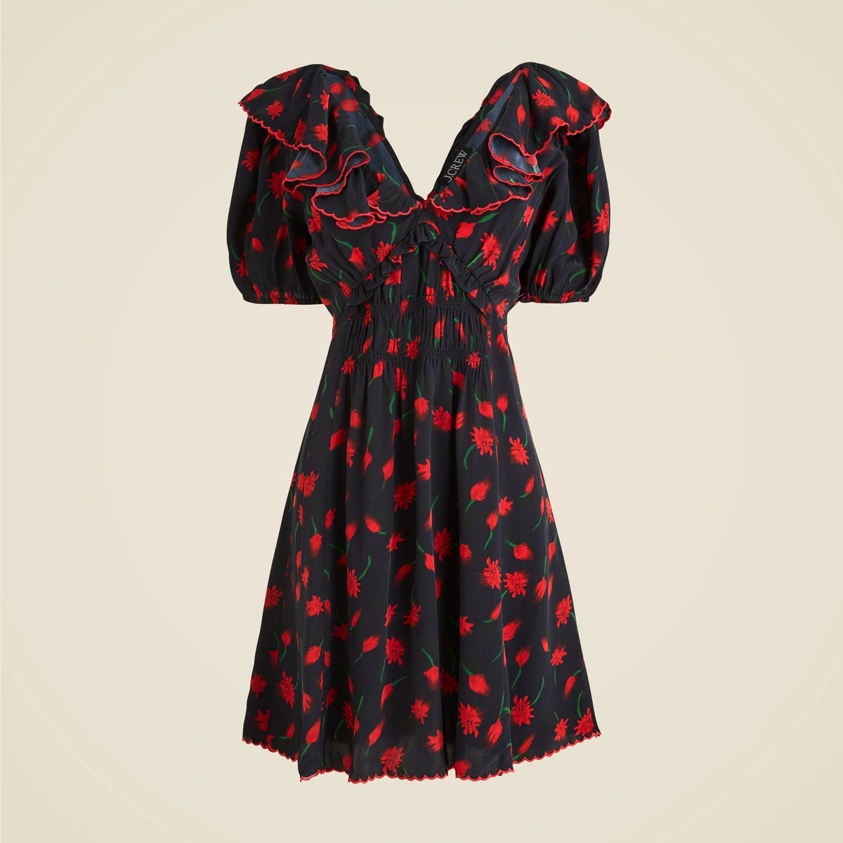 Ruffle-collar mini dress in painted daisy print