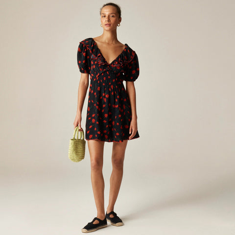 Ruffle-collar mini dress in painted daisy print