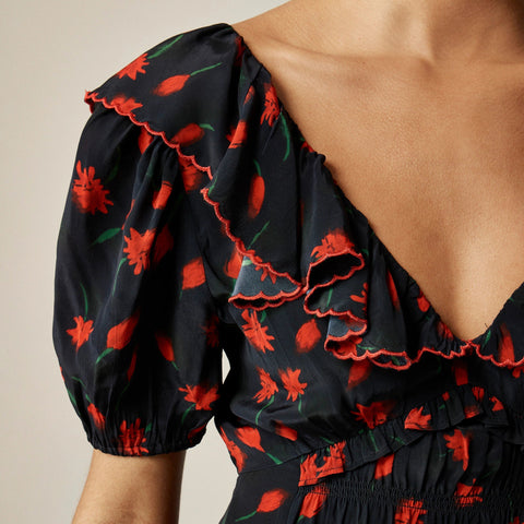 Ruffle-collar mini dress in painted daisy print