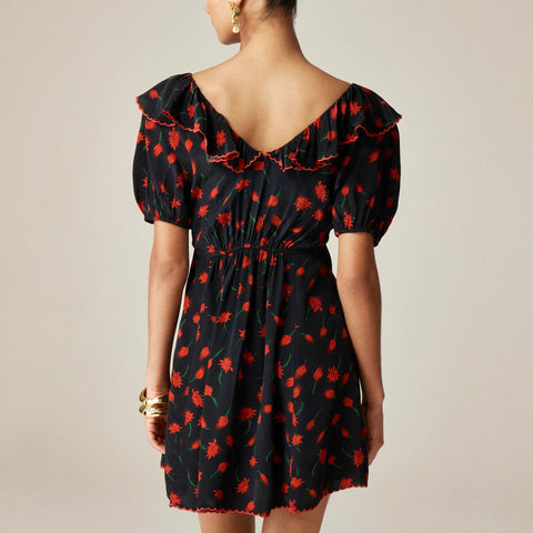 Ruffle-collar mini dress in painted daisy print
