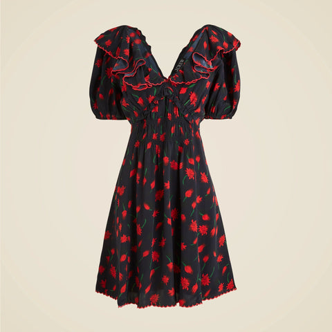 Ruffle-collar mini dress in painted daisy print