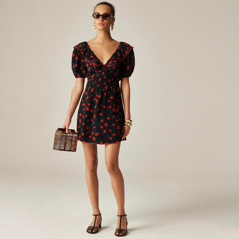 Ruffle-collar mini dress in painted daisy print