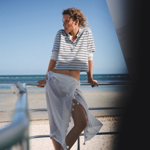 Piqué cropped polo shirt in stripe