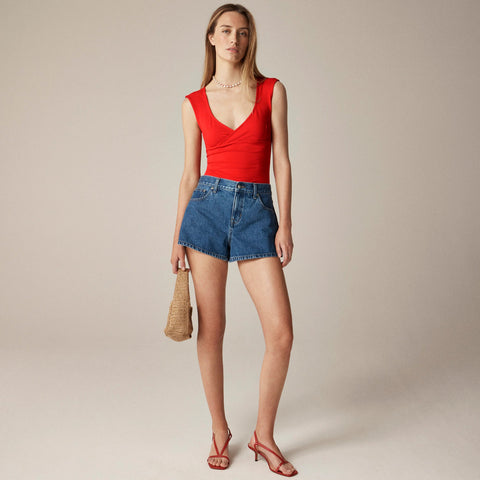 Stretch cotton cap-sleeve crossover shirt