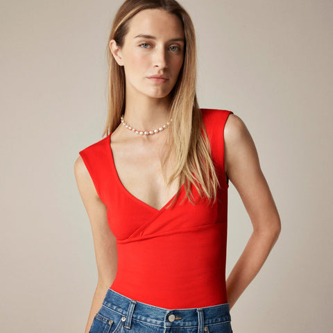 Stretch cotton cap-sleeve crossover shirt