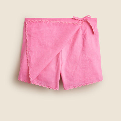 Girls' scallop-trim wrap skort in linen-cotton blend