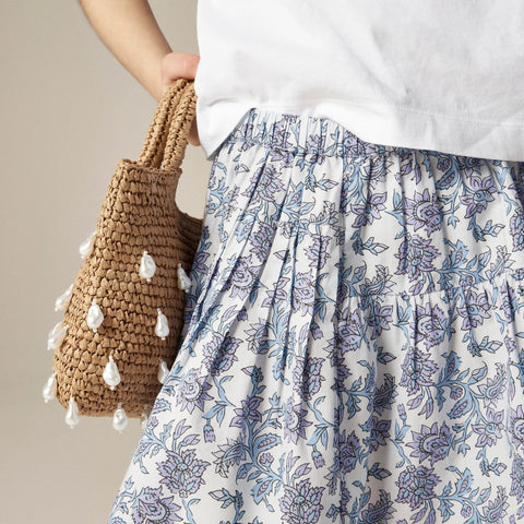 Girls' pintuck skirt in lavender vines block print