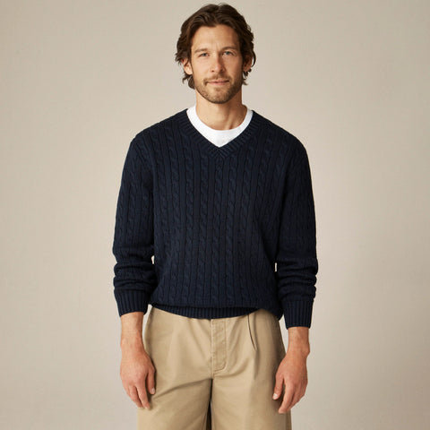 Cotton cable-knit V-neck sweater
