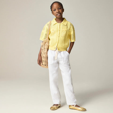 Girls' short-sleeve crochet button-up shirt