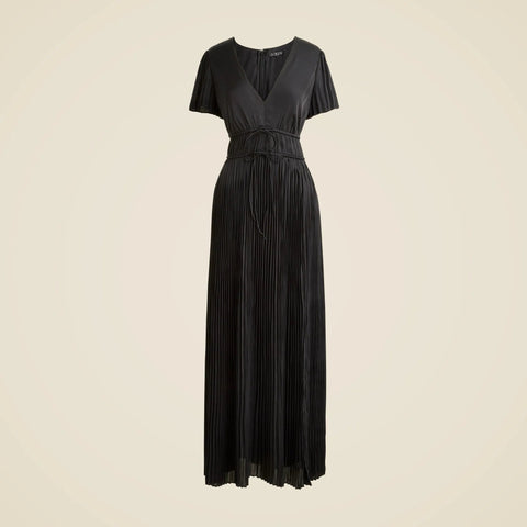 Pleated tie-waist dress in luster georgette