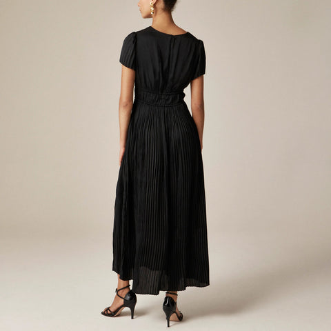Pleated tie-waist dress in luster georgette
