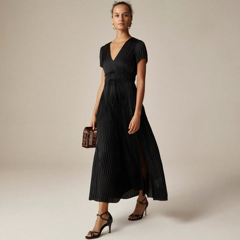 Pleated tie-waist dress in luster georgette