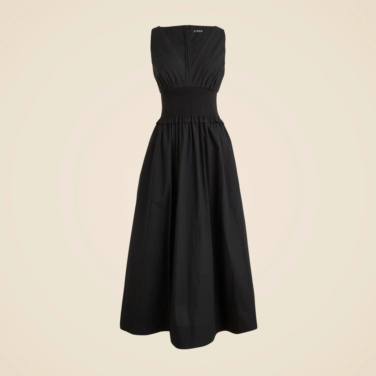 Plunge smocked-waist dress in cotton poplin