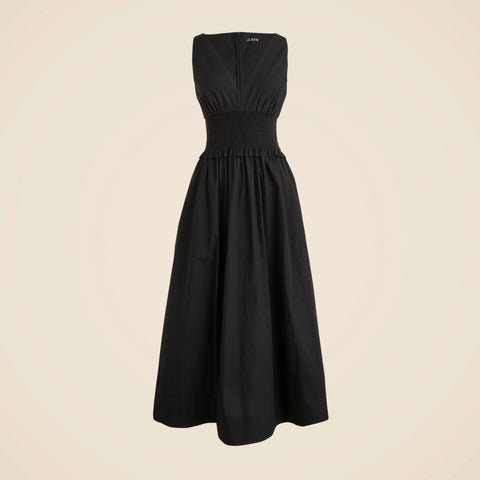 Plunge smocked-waist dress in cotton poplin