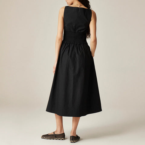 Plunge smocked-waist dress in cotton poplin