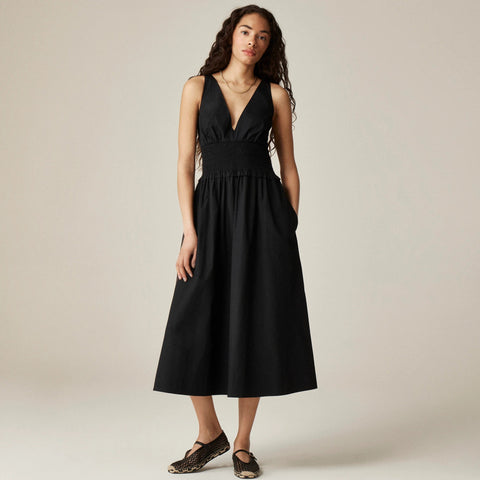 Plunge smocked-waist dress in cotton poplin