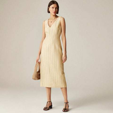 V-neck sheath dress in striped linen blend